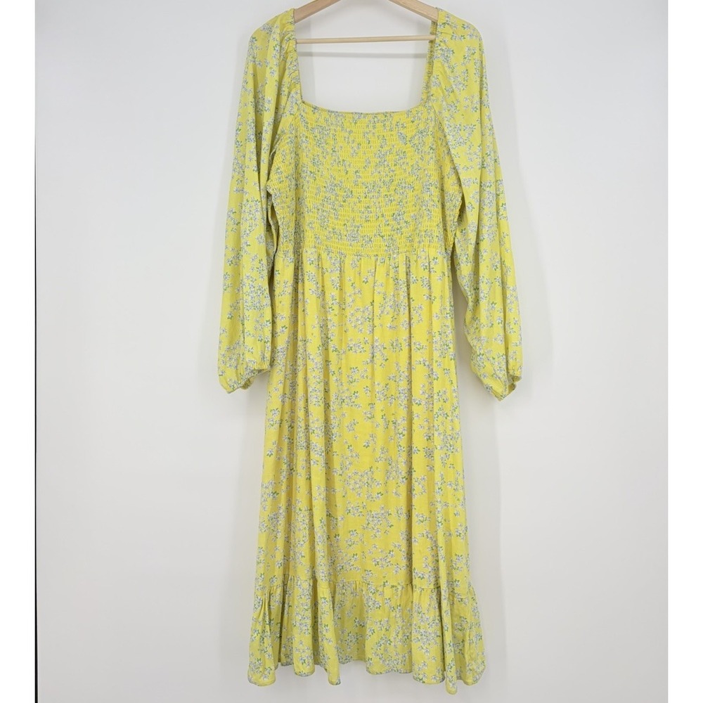 Draper James Smocked‎ Floral Midi Dress XXL Yellow Balloon Sleeve Boho Peasant
